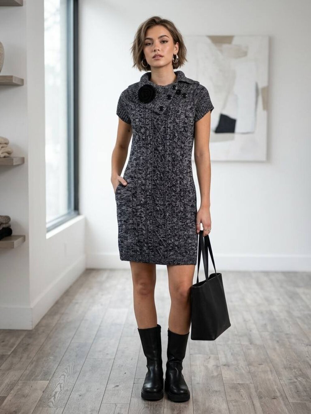 Calvin Klein Cable Knit Sweater Dress in Black & Grey - Size Large